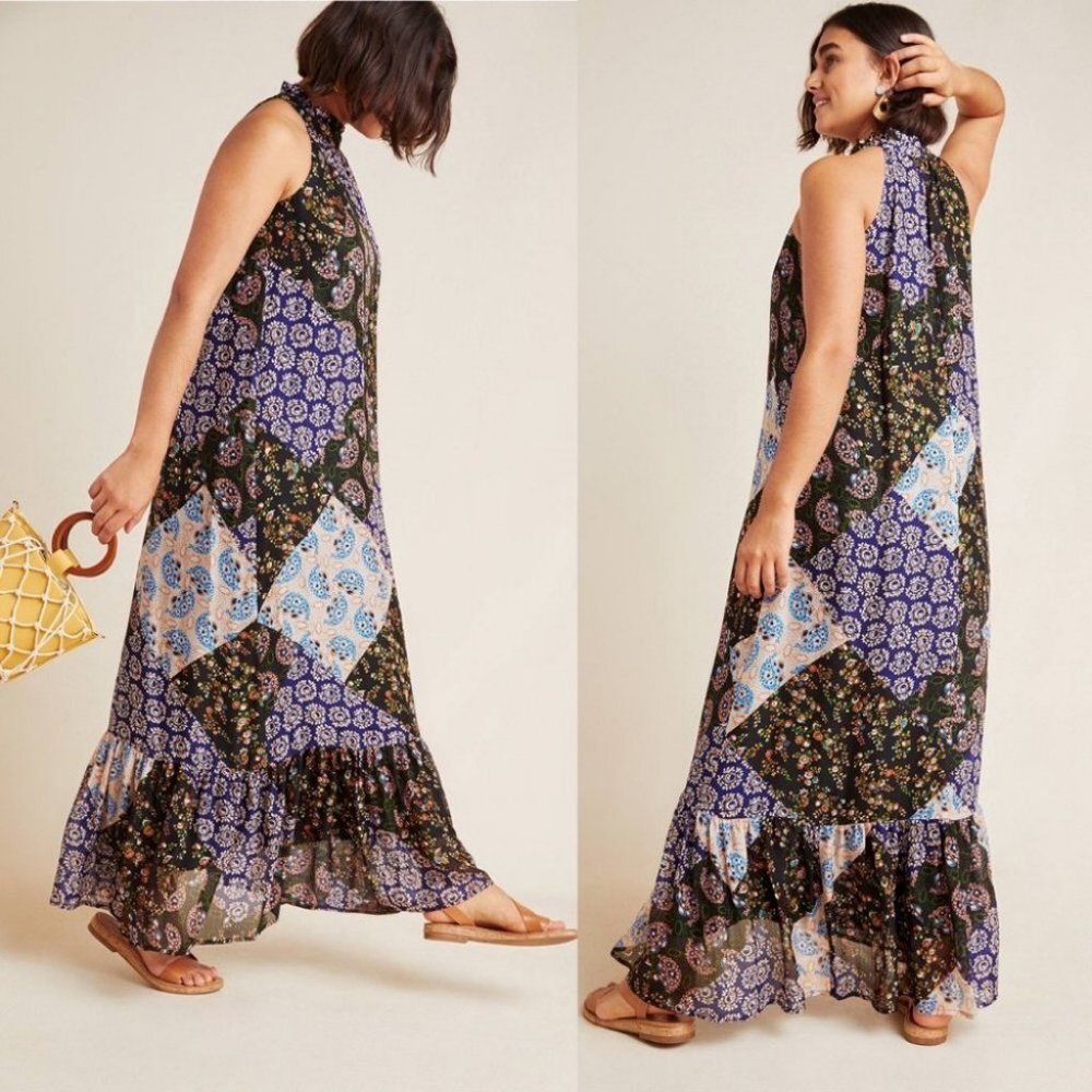 Anthropologie Patchwork Maxi Dress Maeve Size XS Bohemian Hippie Blue Purple‎